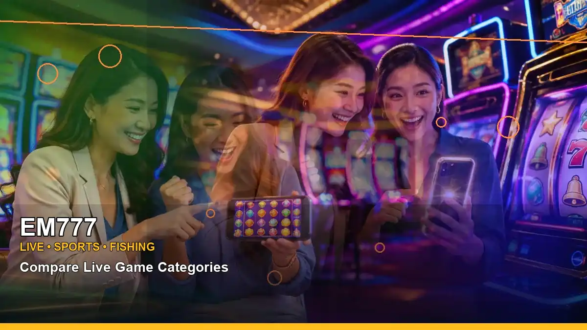 EM777 panoramic reel display featuring casino cashback rewards and mobile-friendly play.