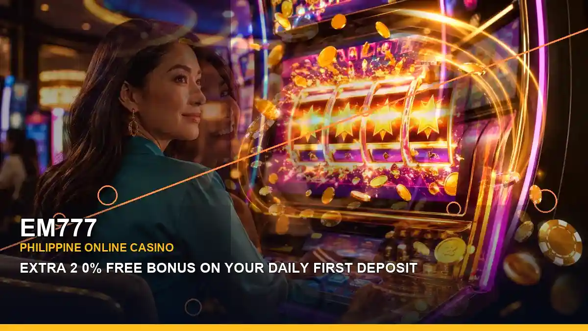 EM777 casino reward scene with an adult Filipina host in a left-diagonal composition