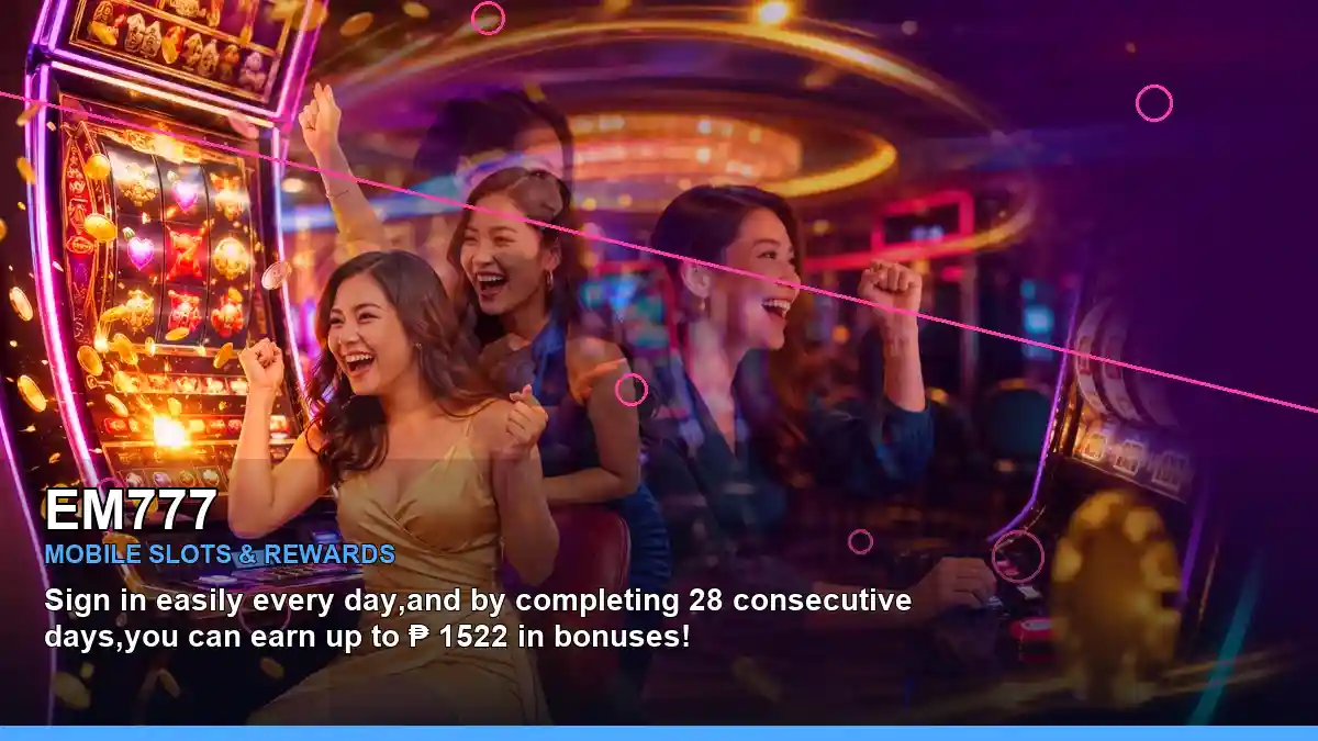EM777 new slots guide for Philippine users, featuring panoramic neon reels and jackpot-style slot visuals